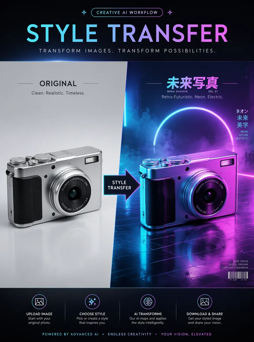 Create a 3:4 style transfer showcase poster. Left side shows a clean realistic silver compact camera labeled “Original”. Right side shows the same camera transformed into a refined modern magazine style labeled “Styled”. Add a small center arrow labeled “Style Transfer”. Keep the camera shape and angle consistent, but change colors, lighting, background, and mood to soft teal and warm ivory. Polished design demo layout, crisp readable text, premium creative AI workflow visual, 1K.