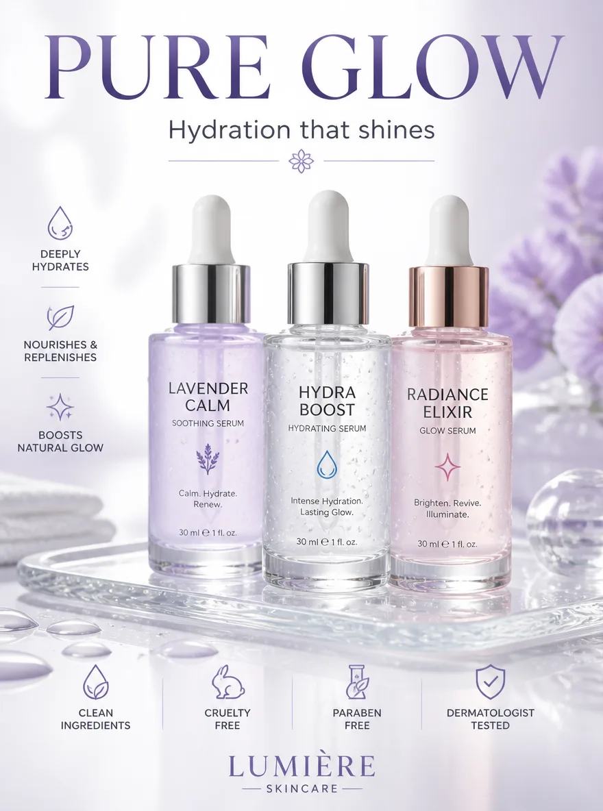 Create a bright premium skincare advertisement: three elegant serum bottles on a frosted glass tray, soft white and sage background, fresh water droplets, delicate reflections, clean commercial photography, headline text “PURE GLOW”, subtitle “Hydration that shines”, crisp readable typography, modern beauty brand style, high-end product ad, 2K.