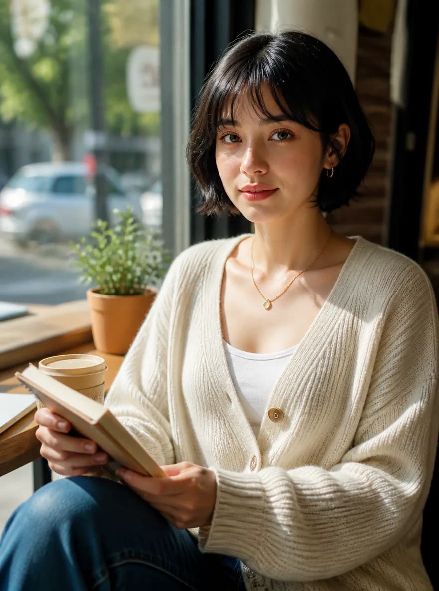 Create a realistic lifestyle portrait of the same young woman character: short black hair, soft natural makeup, cream cardigan, sitting by a cafe window with warm sunlight, holding a notebook and coffee cup, calm confident expression, cinematic but bright color grading, consistent facial identity, commercial portrait photography, 2K.