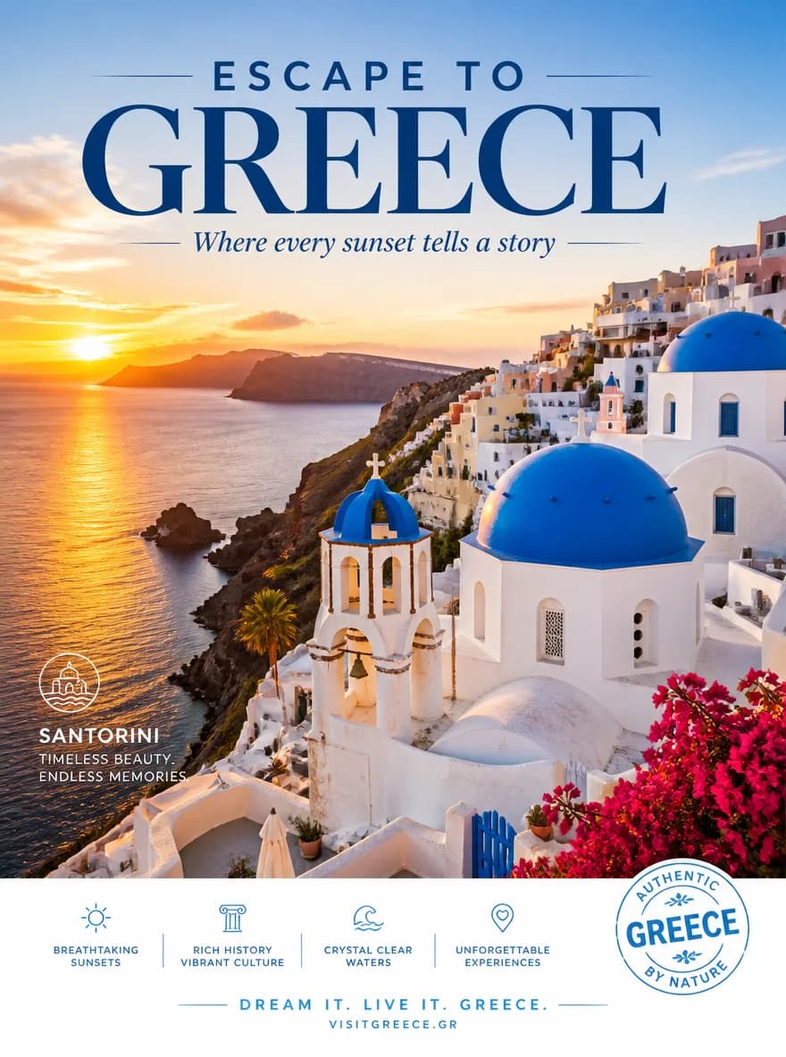 Create a bright travel poster for Santorini: white cliffside buildings, blue domes, sparkling sea at sunset, clean editorial layout, large headline text “ESCAPE TO GREECE”, subtitle “Where every sunset tells a story”, crisp accurate typography, premium tourism poster, airy and optimistic mood, 2K.