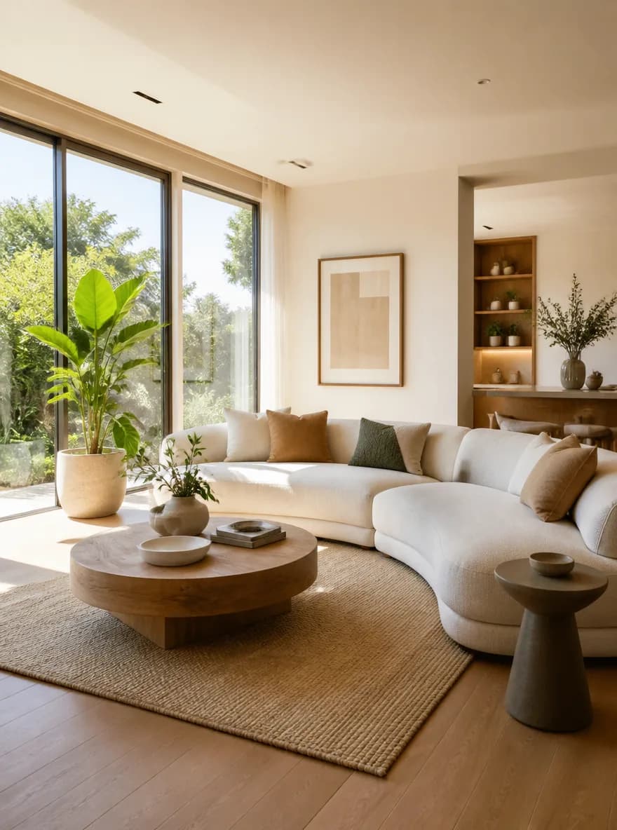 Create a modern interior design image: cream living room with curved sofa, large floor-to-ceiling windows, soft sunlight, green plants, warm wood floor, minimal decor, premium real estate photography, clean bright composition, realistic architectural rendering, 2K.