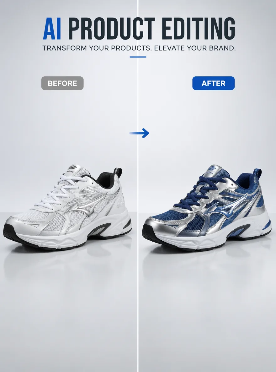 Create a bright split-screen product editing showcase poster in 3:4 ratio. Left side shows the original white running shoe labeled “Before”, right side shows the same shoe redesigned into a blue and silver colorway labeled “After”. Keep the exact same camera angle, shoe shape, sole structure, background, and lighting on both sides. Add a subtle arrow between the two sides. Clean studio background, realistic ecommerce product photography, crisp readable labels, premium AI image editing demo, 1K.
