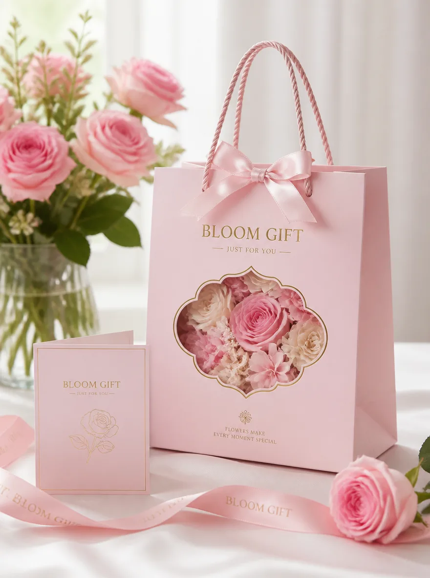 Create a premium gift box packaging advertisement: pastel pink gift bag with floral window design, matching greeting card, satin ribbon, fresh roses, soft daylight, elegant product arrangement, clear package text “BLOOM GIFT”, refined commercial photography, clean background, 2K.