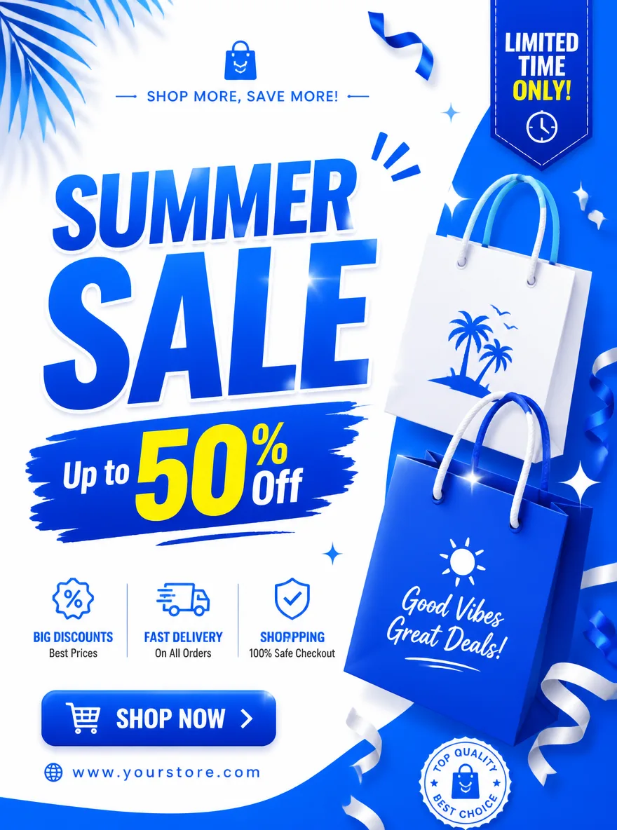 Create a clean social media sale banner: white and electric blue background, floating shopping bags, ribbons, sparkle accents, modern ecommerce layout, large headline text “SUMMER SALE”, subtitle “Up to 50% Off”, bold readable typography, high-converting ad design, bright and energetic, 2K.