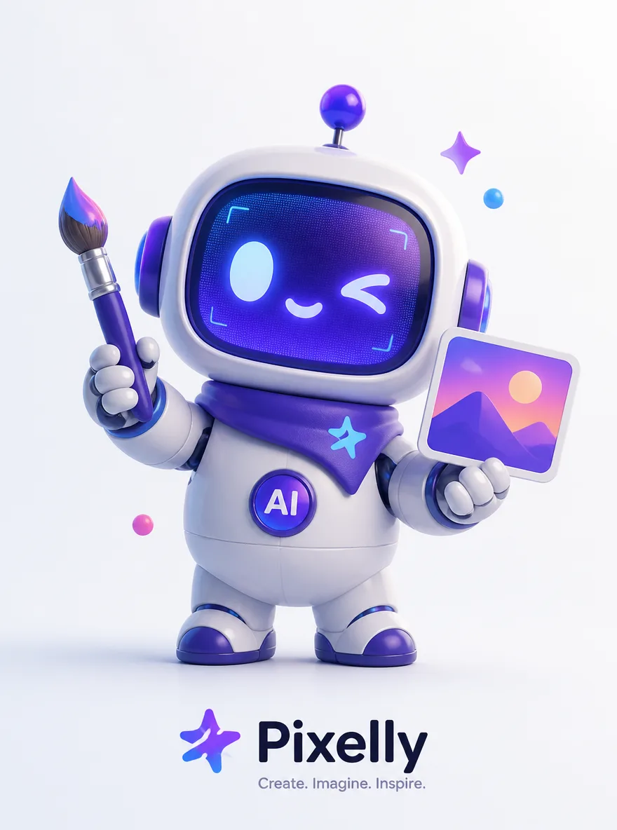 Create a charming original mascot character for a creative AI brand: small rounded robot with a glowing teal screen face, holding a paintbrush and image card, bright studio background, cute but professional, 3D toy-like render, clean shapes, brand mascot design, 2K.