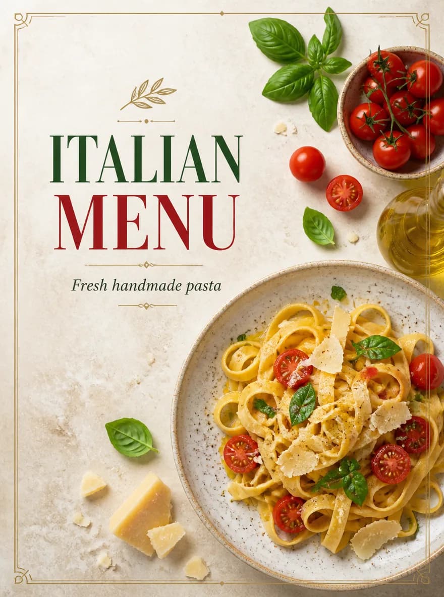 Create a premium restaurant menu cover: handmade pasta, cherry tomatoes, basil, parmesan, olive oil on a light stone table, elegant editorial food photography, title text “ITALIAN MENU”, subtitle “Fresh handmade pasta”, accurate readable typography, appetizing bright lighting, 2K.