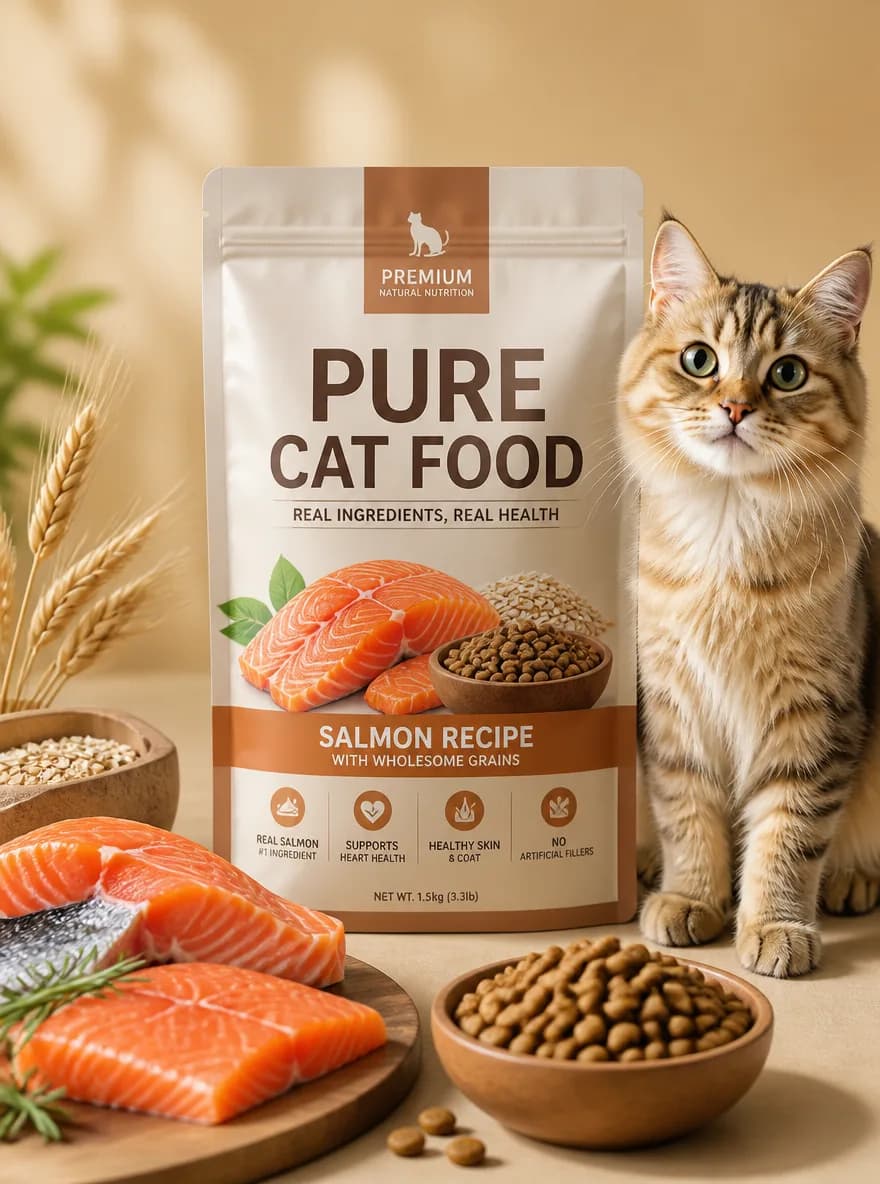 Create a clean ecommerce product hero image for premium cat food: standing pouch package on warm beige background, fresh salmon and grain ingredients, a cute cat beside the package, package text “PURE CAT FOOD” clearly readable, bright commercial photography, high-converting product image, 2K.