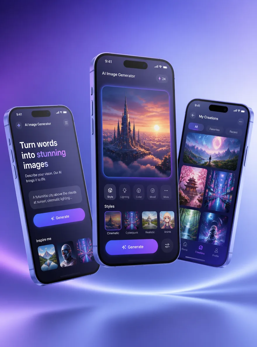 Create a SaaS app hero image: three smartphones floating above a soft mint green background, screens showing an AI image generation interface, glassmorphism UI, clean futuristic lighting, premium website hero visual, no clutter, high-resolution product mockup, 2K.