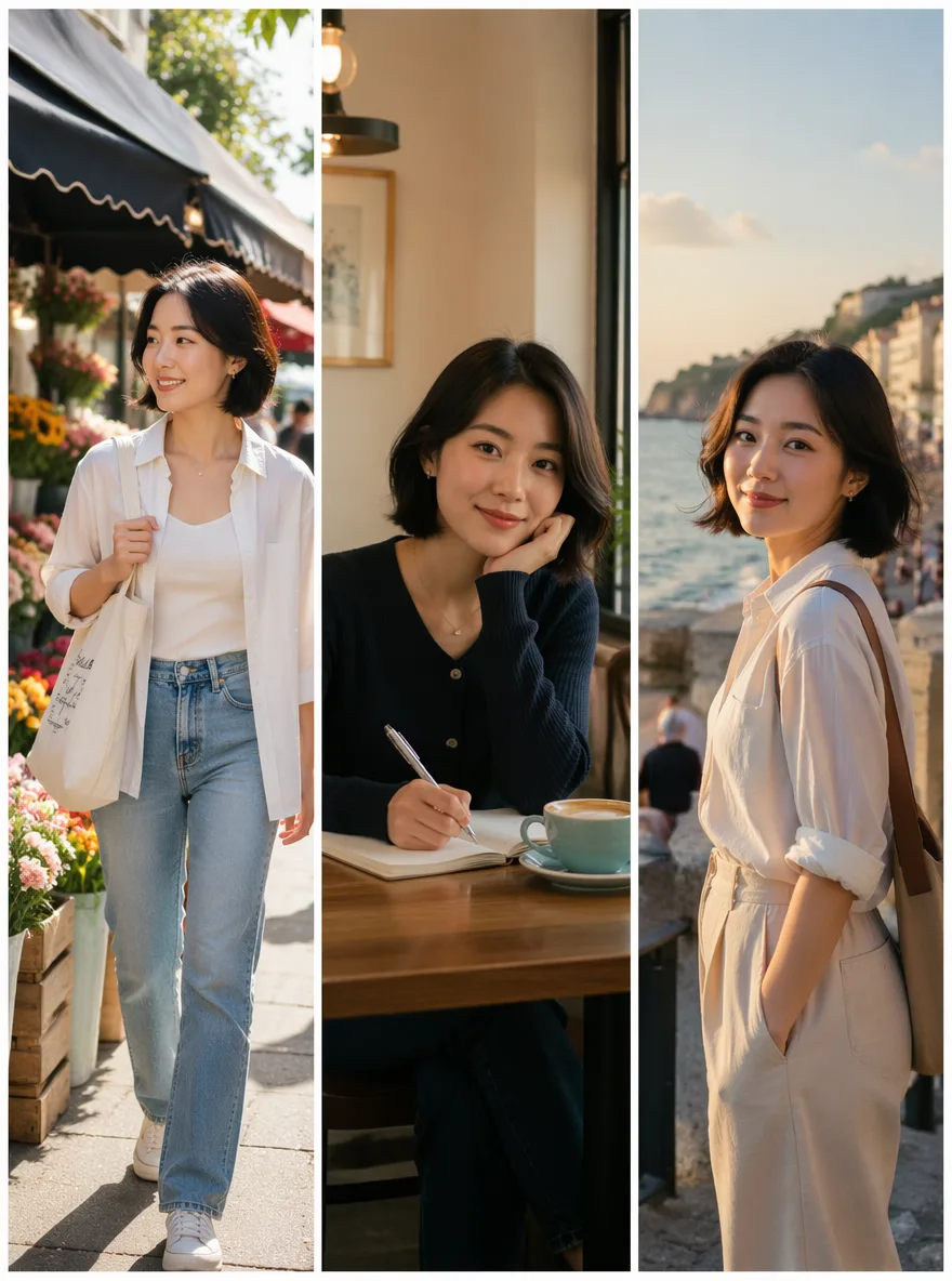 Create a 3:4 character consistency showcase with three vertical portrait panels of the same young woman. She has short black hair, natural makeup, and a warm confident expression. Panel 1: walking through a sunlit flower market holding a tote bag. Panel 2: sitting in a cozy cafe writing in a notebook. Panel 3: standing near a seaside street at golden hour with wind gently moving her hair. Keep the same face identity, hairstyle, and natural look across all panels. Bright lifestyle photography, clean editorial composition, no business office, 1K.