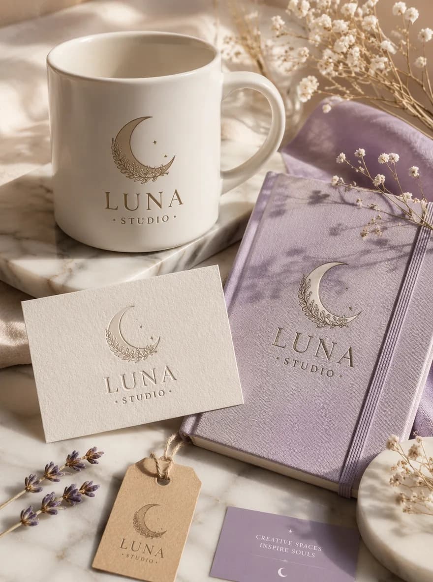 Create a premium 3:4 brand identity showcase for a modern boutique studio named “LUNA STUDIO”. Design an elegant crescent moon logo with refined serif lettering, not just plain text. Show the logo applied to a white ceramic cup, embossed business card, textured notebook cover, and a small kraft paper tag. Use soft marble, dried flowers, warm sunlight, subtle shadows, cohesive ivory-sage color palette, high-end branding photography, crisp readable logo, beautiful composition, 1K.