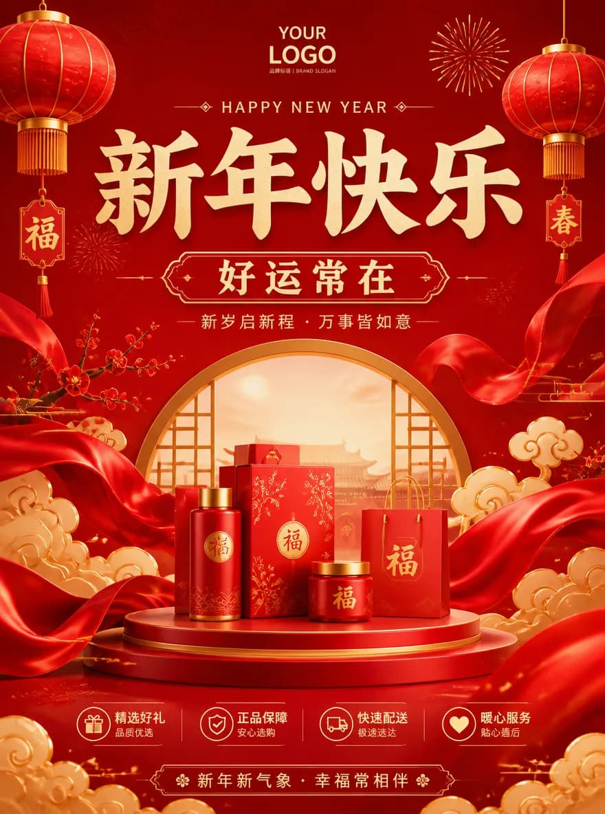 Create a modern Chinese New Year brand poster: red and gold palette, lanterns, silk ribbons, clouds, subtle fireworks, elegant product display area, large Chinese headline text “新年快乐”, subtitle “好运常在”, crisp readable typography, premium festive commercial design, bright luxurious mood, 2K.