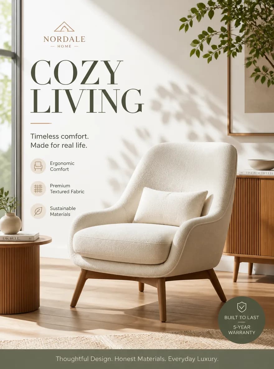 Create a bright furniture product advertisement: a modern lounge chair in soft cream fabric placed in a sunlit minimal room, wood floor, green plant shadows, premium catalog photography, headline text “COZY LIVING”, clean readable typography, warm elegant home brand style, 2K.
