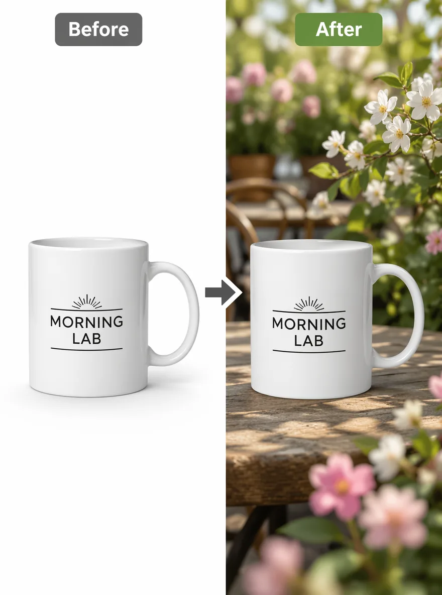 Create a bright before-and-after image editing showcase in 3:4 ratio. Left side labeled “Before”: a simple ceramic coffee mug with the logo “MORNING LAB” on a plain white studio background. Right side labeled “After”: the exact same mug with the same logo, same angle, and same size placed in a spring garden cafe setting with soft flowers and greenery. Add a clean arrow between the two panels. The edit should clearly show background replacement while preserving the product identity. Realistic product photography, crisp readable labels and logo, 1K.