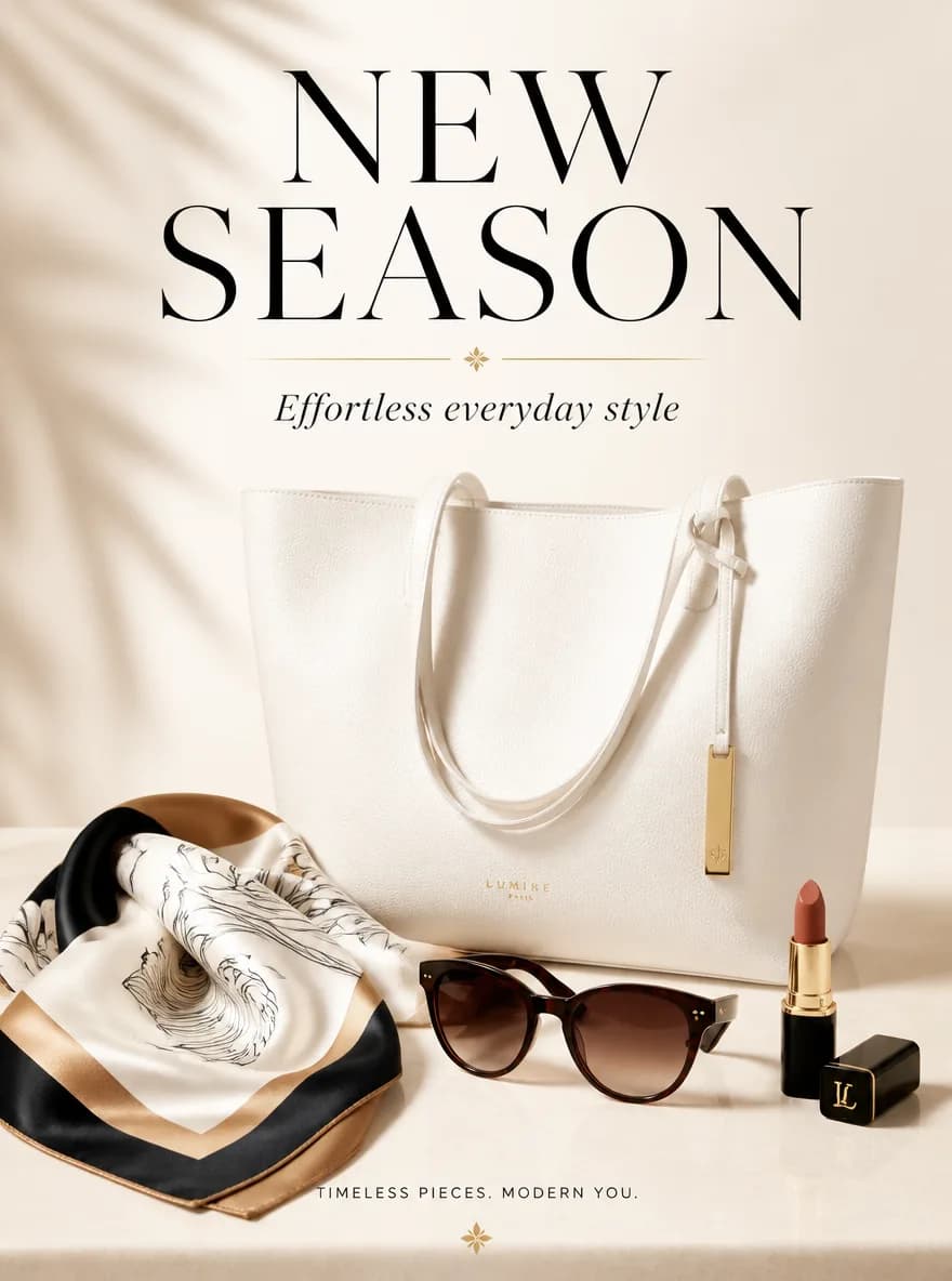 Create a premium brand campaign poster: elegant white tote bag, sunglasses, lipstick, and folded silk scarf arranged on a soft cream background, fashion magazine composition, headline text “NEW SEASON”, subtitle “Effortless everyday style”, accurate readable typography, bright refined commercial photography, 2K.